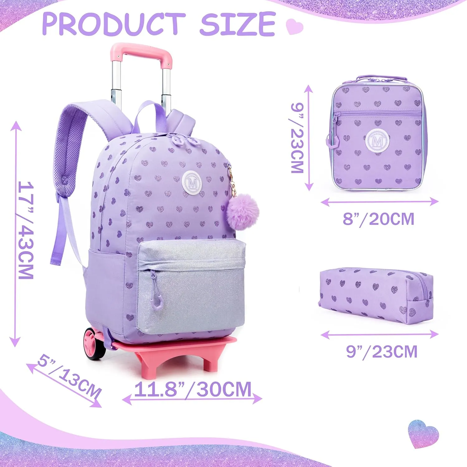 Rolling Backpack for Girls Purple Backpack with Wheels for School Backpacks Set for Teen Backpack with Wheels for Kids Travel Backpack for School Student Trip with Lunch Box