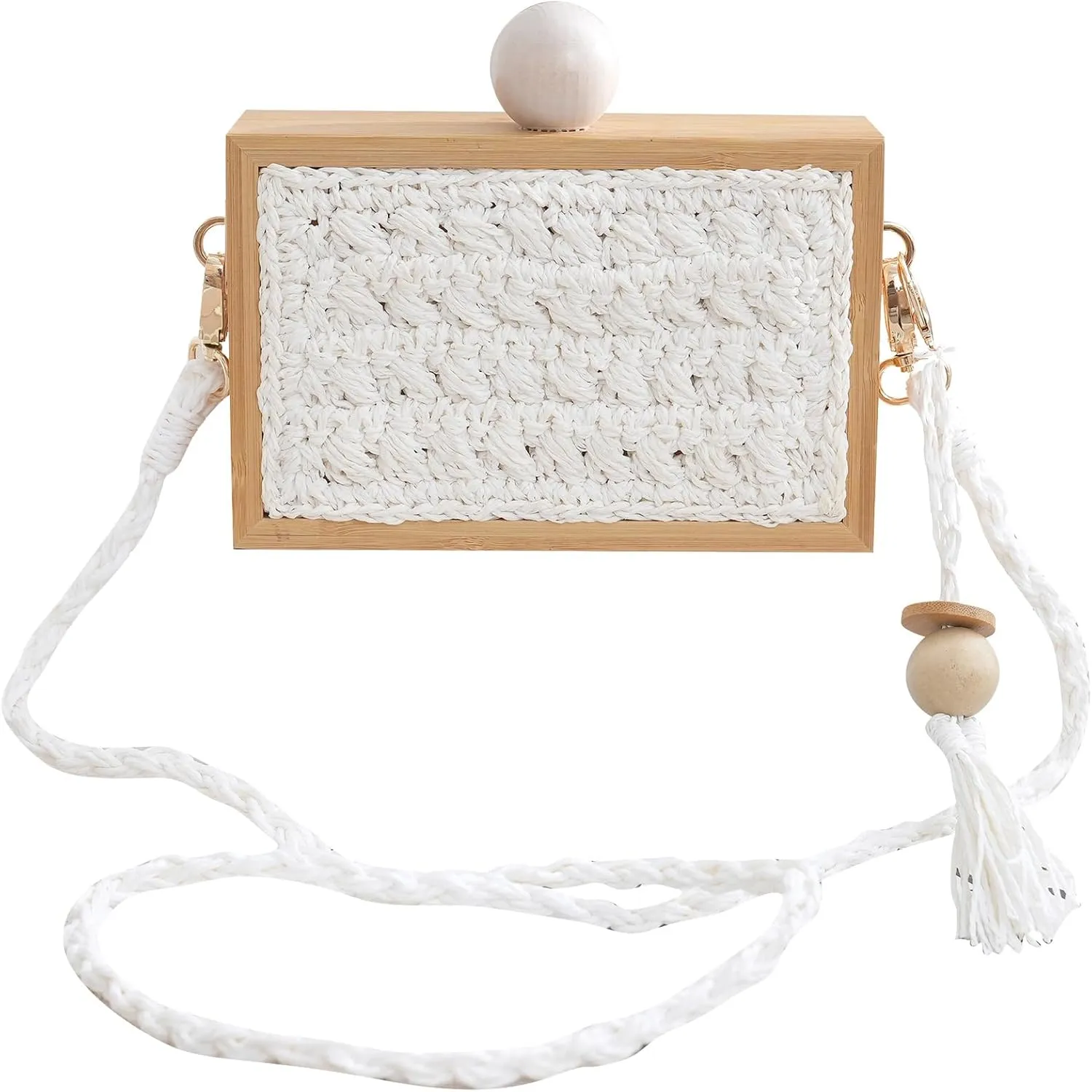 RomanticDesign Women Straw Crossbody Bag Woven Shoulder Purse Wooden Bead Box Bag Summer Beach Handbag for Vacation