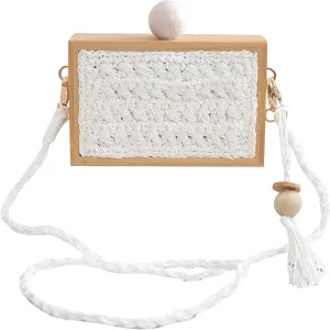 RomanticDesign Women Straw Crossbody Bag Woven Shoulder Purse Wooden Bead Box Bag Summer Beach Handbag for Vacation