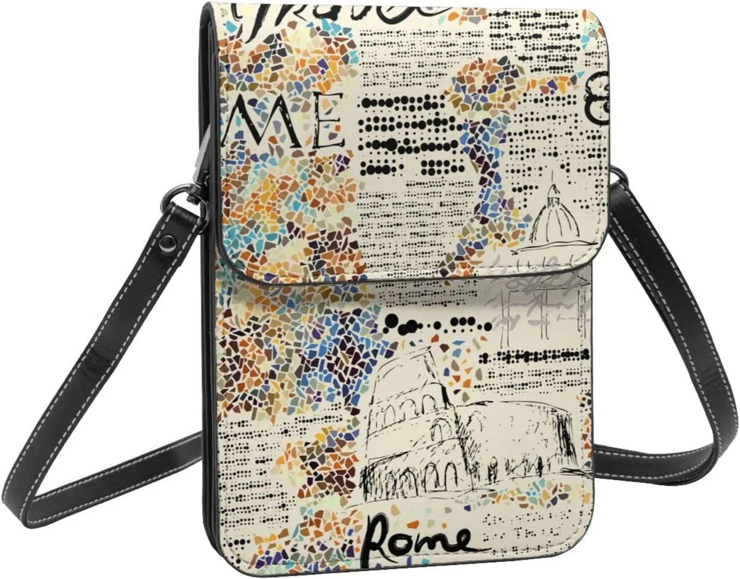 Rome Geometry Landmark Retro Crossbody Cell Phone Purse for Womens Lightweight Small Soft Leather Fashion Travel Wallet with Adjustable Strap