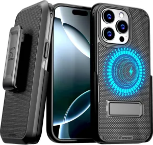 Rome Tech Belt Clip Holster Case for Apple iPhone 16 Pro Compatible with MagSafe Magnetic Heavy Duty Slide Hip Cover with Kickstand for iPhone 16 Pro - Black