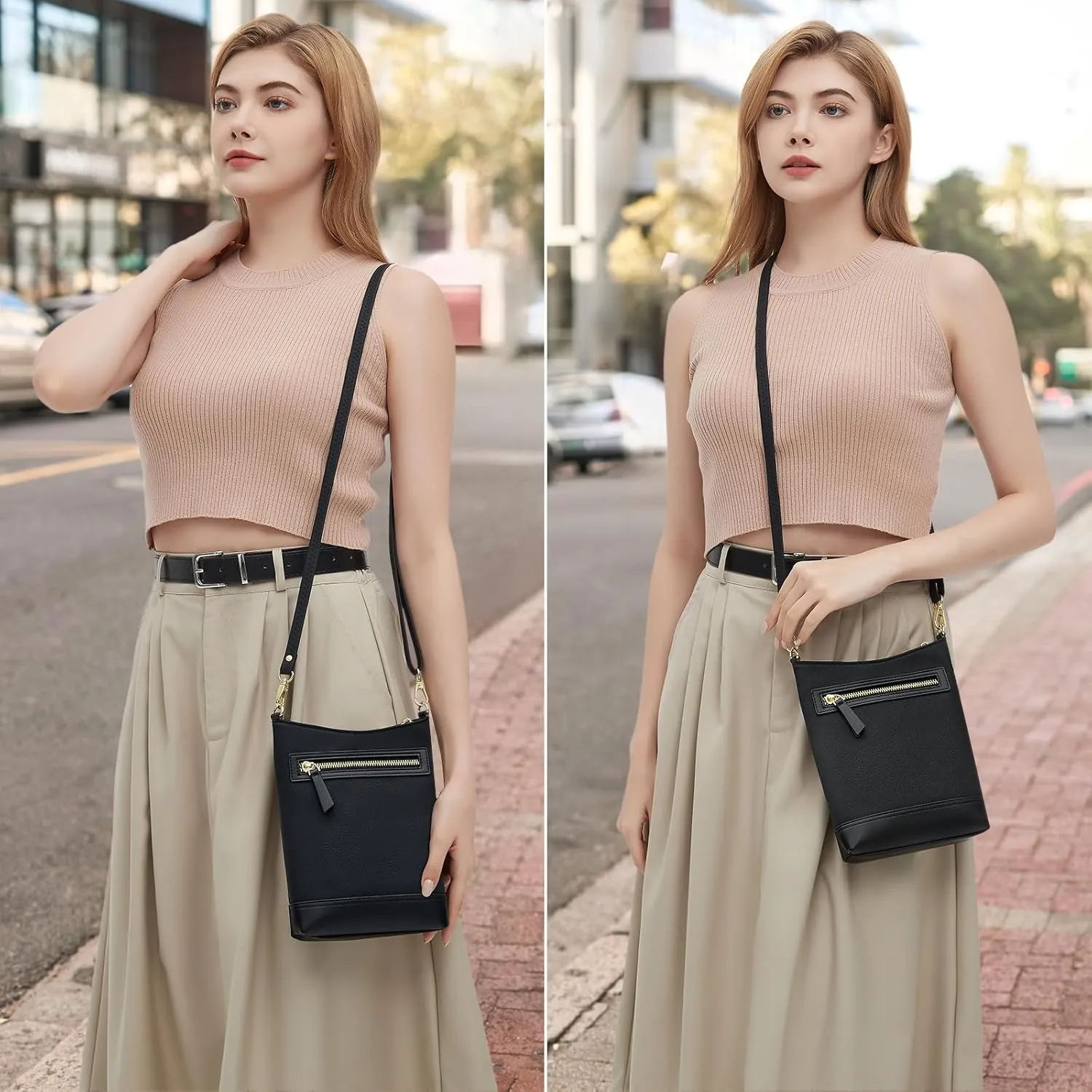 RONSIN Crossbody Bag for Women Cell Phone Purse Bucket Bag Shoulder Bag with Multi Zipper Pockets