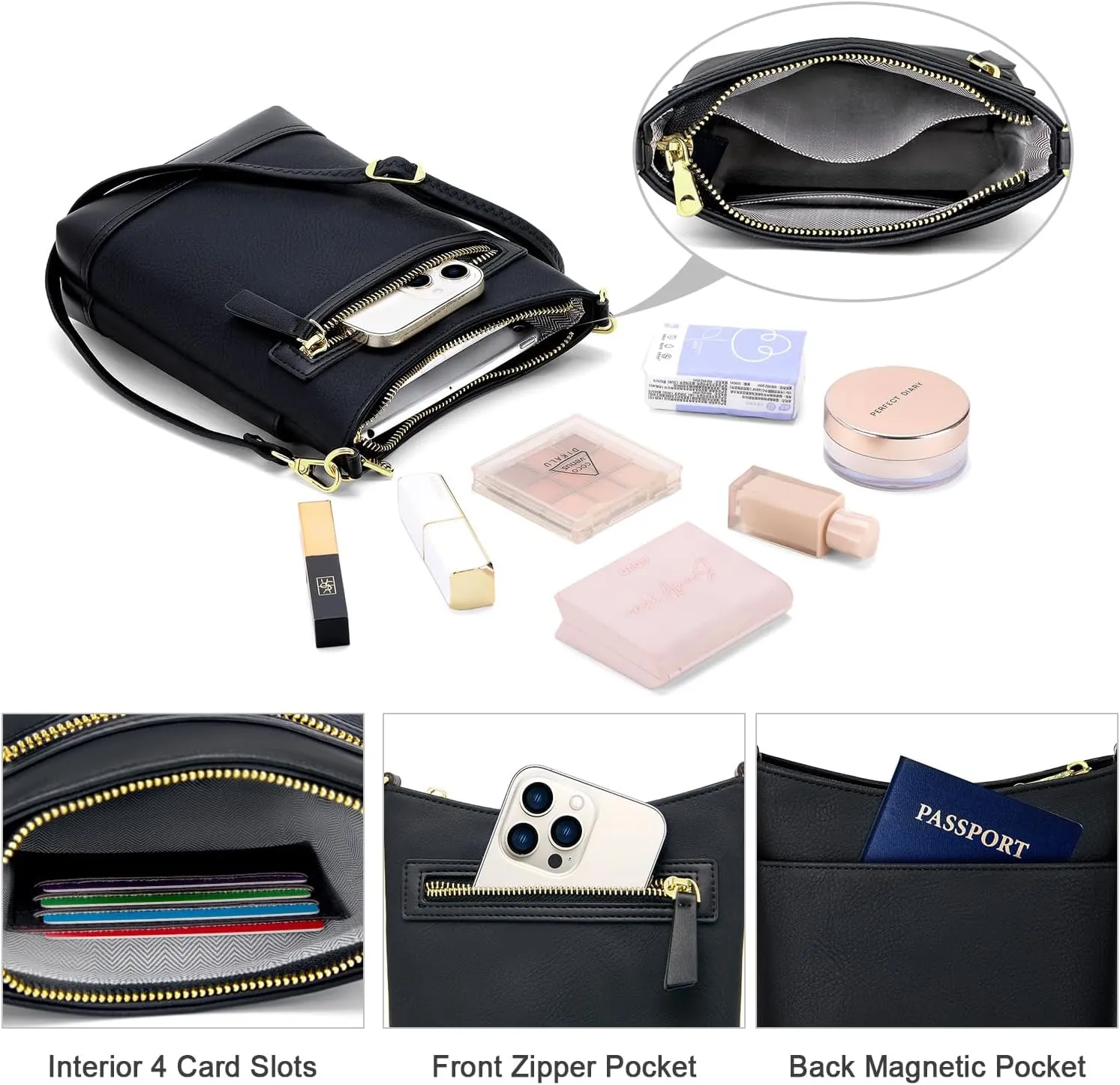 RONSIN Crossbody Bag for Women Cell Phone Purse Bucket Bag Shoulder Bag with Multi Zipper Pockets