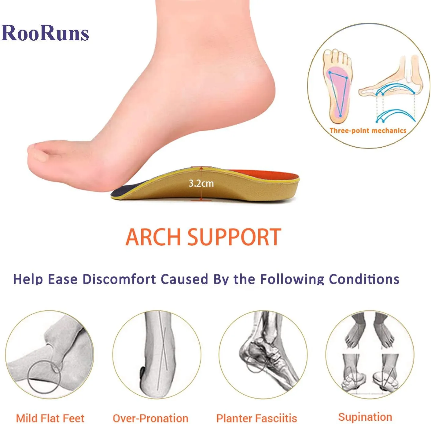 RooRuns Plantar Fasciitis Insoles for Men Women, Orthotic Inserts 3/4 Length with Metatarsal Pads Heel Cushion, High Arch Support Shoe Insoles for Flat Feet, Overpronation, Walking Running, M