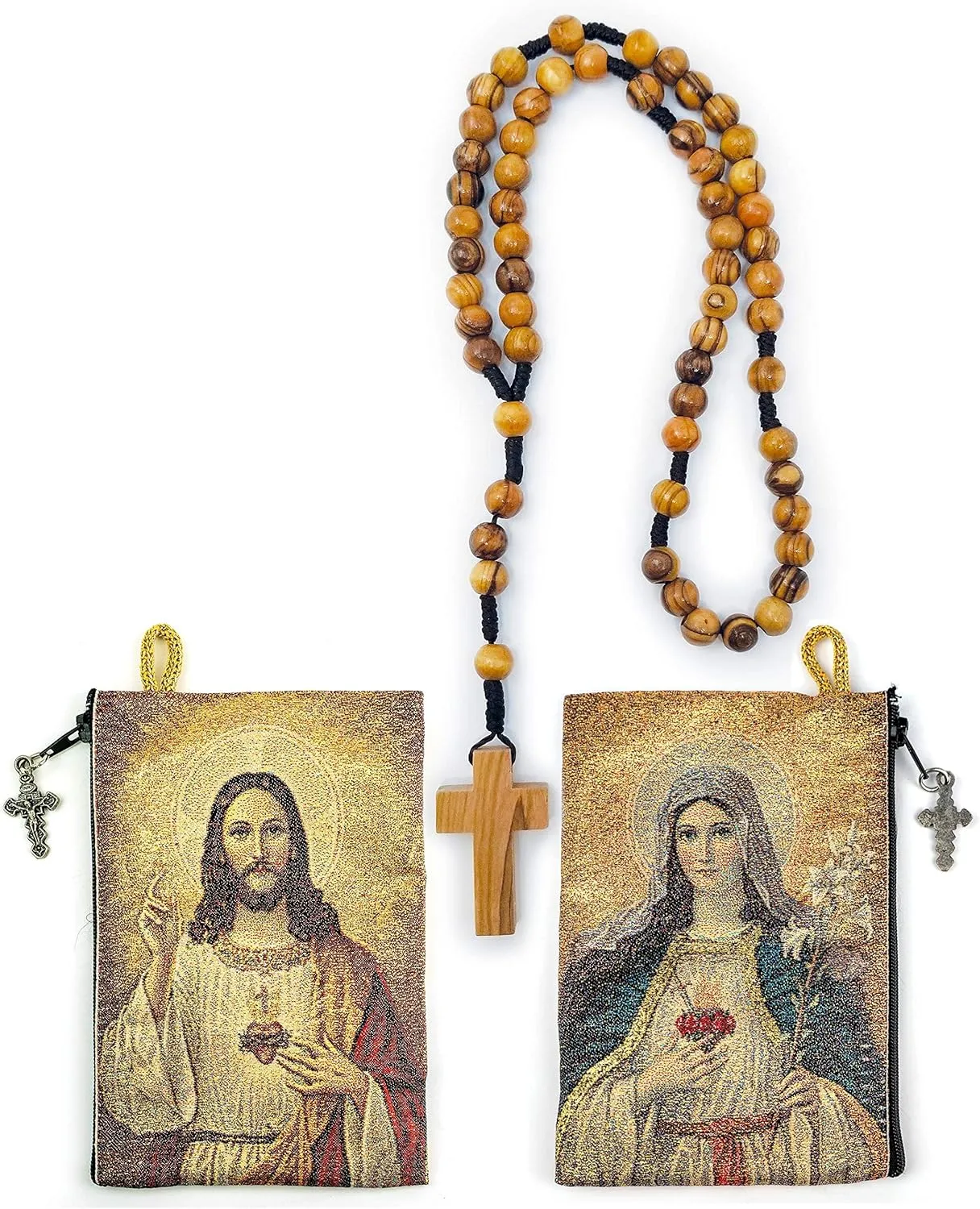 Rosary Pouch with Olive Wood Catholic Rope Rosary from Israel, Sacred Heart of Jesus & Immaculate Heart of Mary Woven Fabric Tapestry Style Icon Travel Bag, Religious Catholic Gift Set
