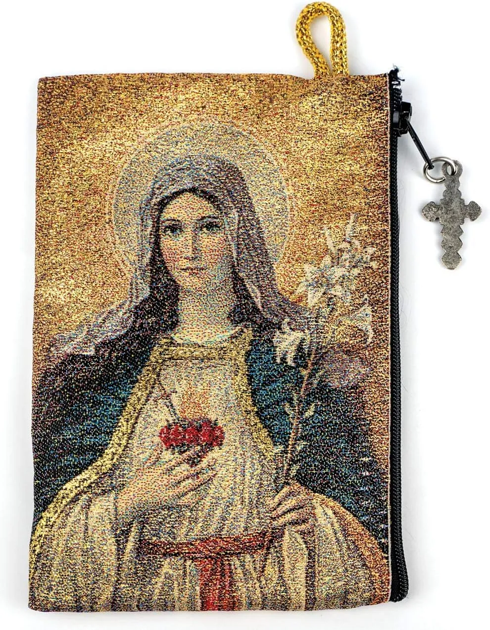 Rosary Pouch with Olive Wood Catholic Rope Rosary from Israel, Sacred Heart of Jesus & Immaculate Heart of Mary Woven Fabric Tapestry Style Icon Travel Bag, Religious Catholic Gift Set
