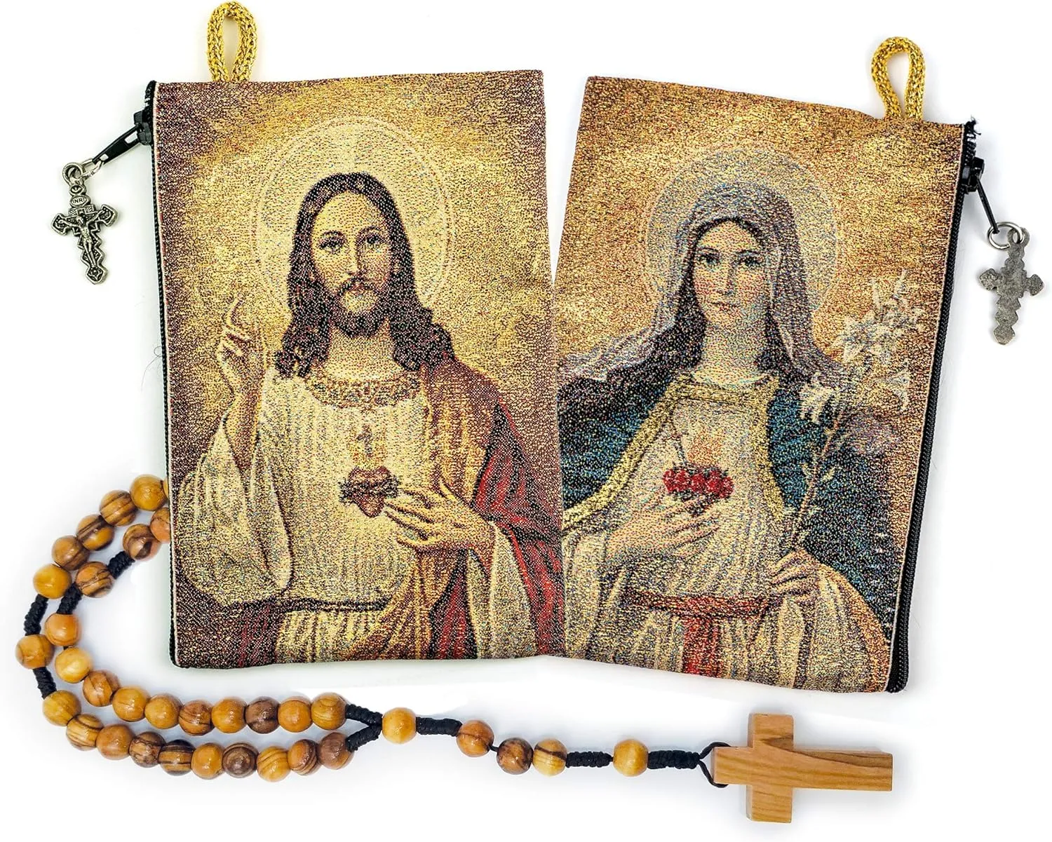Rosary Pouch with Olive Wood Catholic Rope Rosary from Israel, Sacred Heart of Jesus & Immaculate Heart of Mary Woven Fabric Tapestry Style Icon Travel Bag, Religious Catholic Gift Set