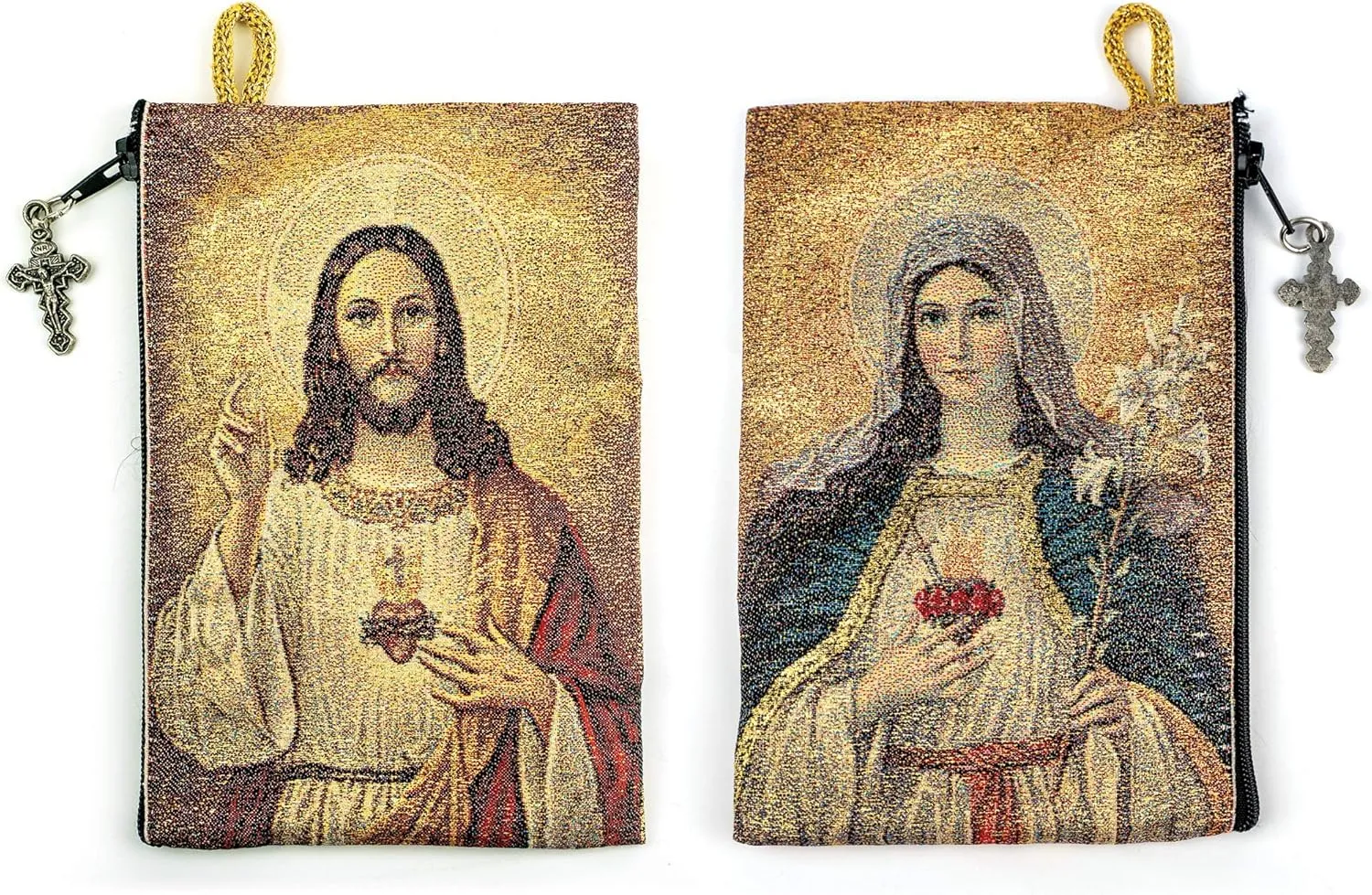 Rosary Pouch with Olive Wood Catholic Rope Rosary from Israel, Sacred Heart of Jesus & Immaculate Heart of Mary Woven Fabric Tapestry Style Icon Travel Bag, Religious Catholic Gift Set