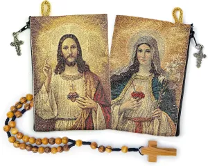 Rosary Pouch with Olive Wood Catholic Rope Rosary from Israel, Sacred Heart of Jesus & Immaculate Heart of Mary Woven Fabric Tapestry Style Icon Travel Bag, Religious Catholic Gift Set