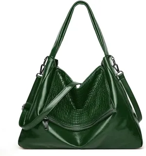 ROUROU Hobo Tote Bag for Women Oil wax leather Handbag Crocodile Print Shoulder Bag Zipper Closure Crossbody Bag