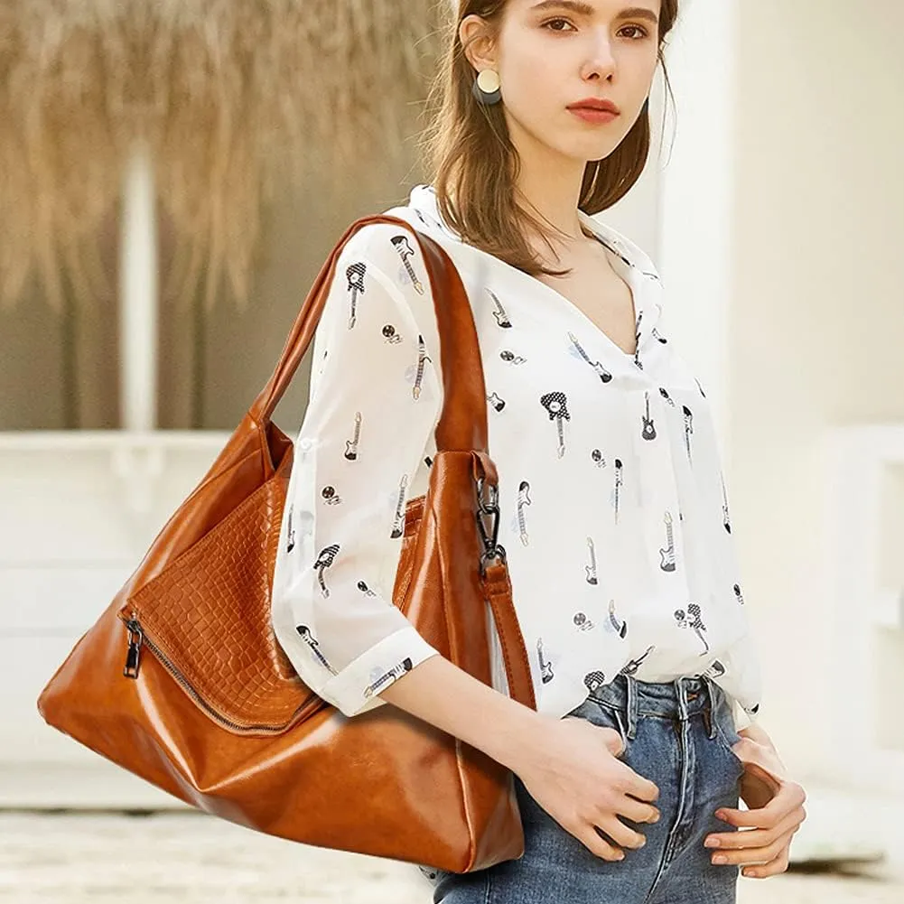ROUROU Hobo Tote Bag for Women Oil wax leather Handbag Crocodile Print Shoulder Bag Zipper Closure Crossbody Bag