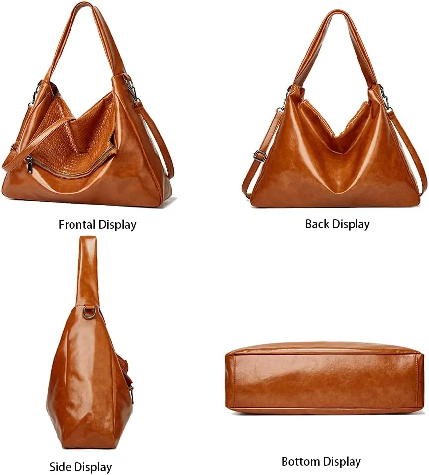 ROUROU Hobo Tote Bag for Women Oil wax leather Handbag Crocodile Print Shoulder Bag Zipper Closure Crossbody Bag