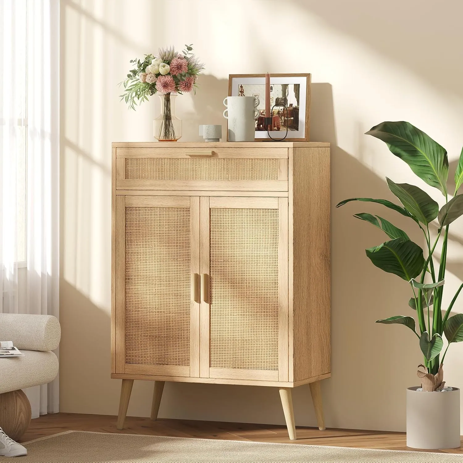 Rovaurx Rattan Floor Storage Cabinet with 2 Doors, Bathroom Cabinet with Large Drawer, Freestanding Storage Cabinet Organizer, Natural BMGZ107M