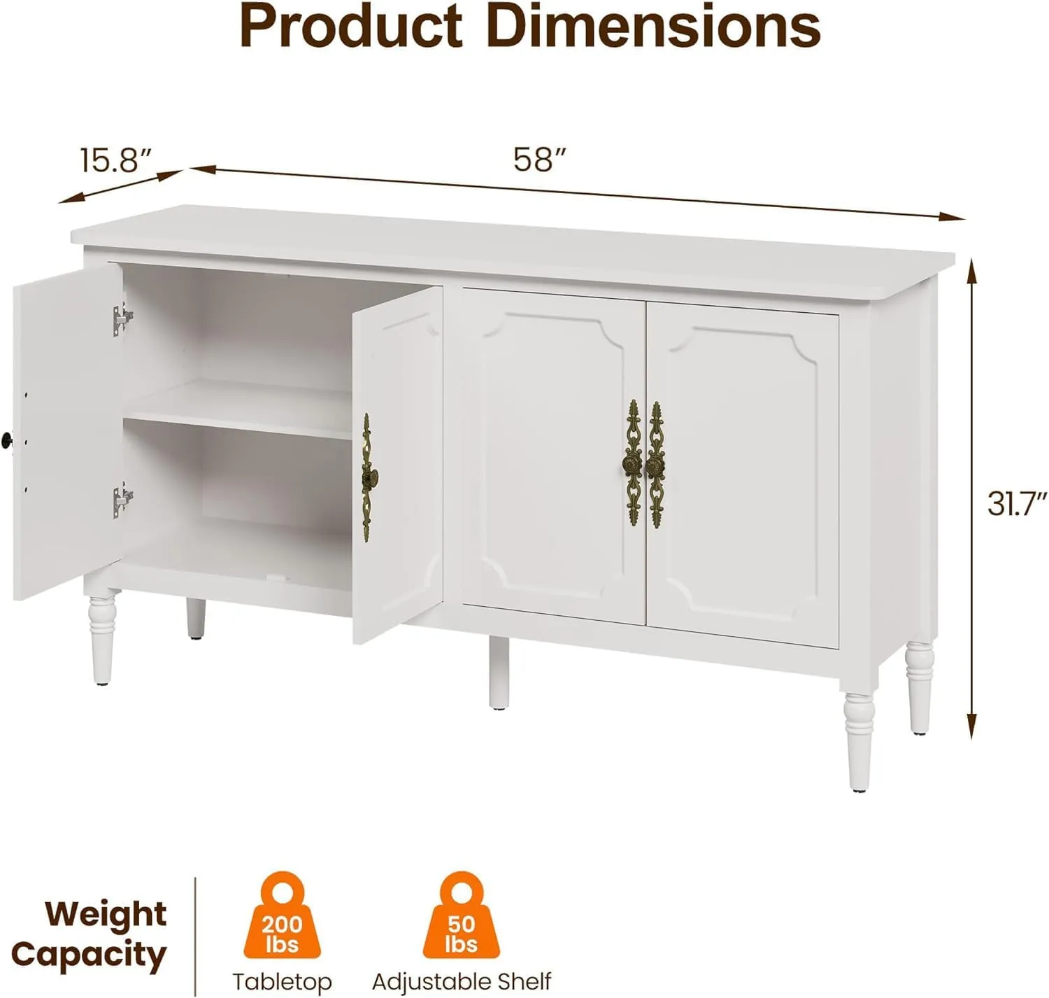 RoyalCraft Sideboard Buffet Cabinet with Storage: 58'' Mid Century Modern Credenza with Solid Wood Legs, Media Console Cabinet with 4 Doors for Entryway, Kitchen, Living Room, Satin White
