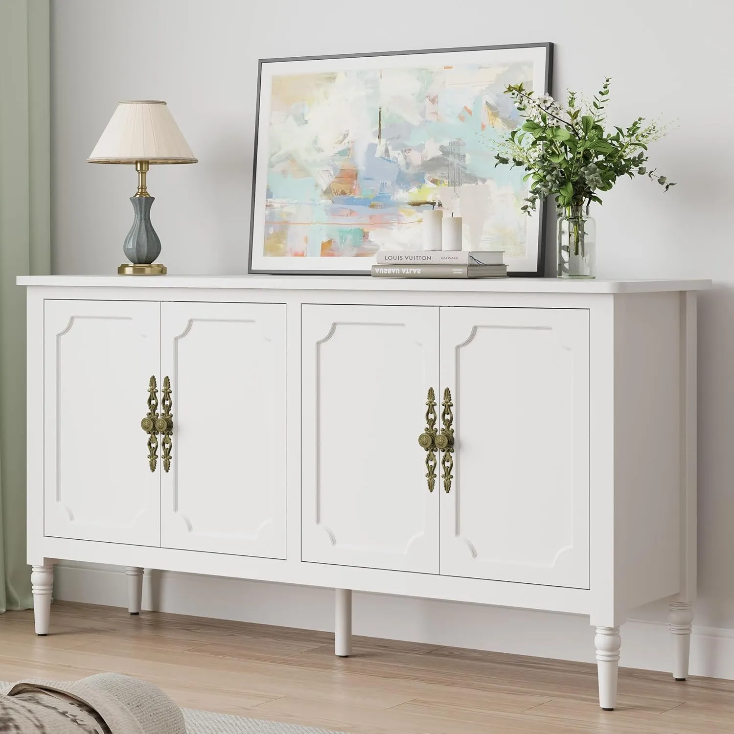RoyalCraft Sideboard Buffet Cabinet with Storage: 58'' Mid Century Modern Credenza with Solid Wood Legs, Media Console Cabinet with 4 Doors for Entryway, Kitchen, Living Room, Satin White