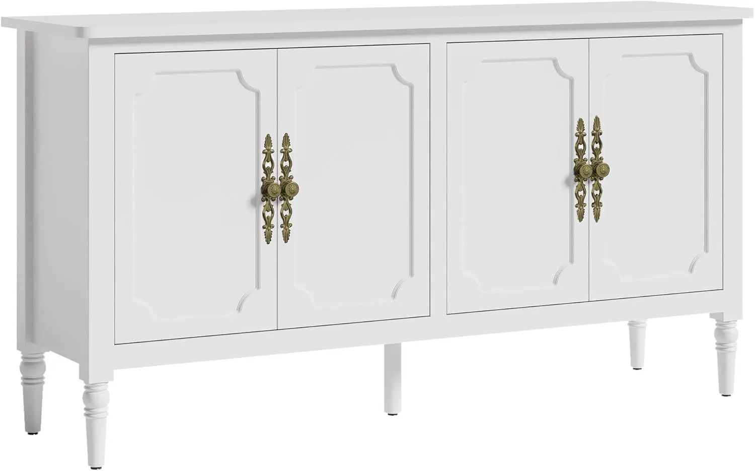 RoyalCraft Sideboard Buffet Cabinet with Storage: 58'' Mid Century Modern Credenza with Solid Wood Legs, Media Console Cabinet with 4 Doors for Entryway, Kitchen, Living Room, Satin White