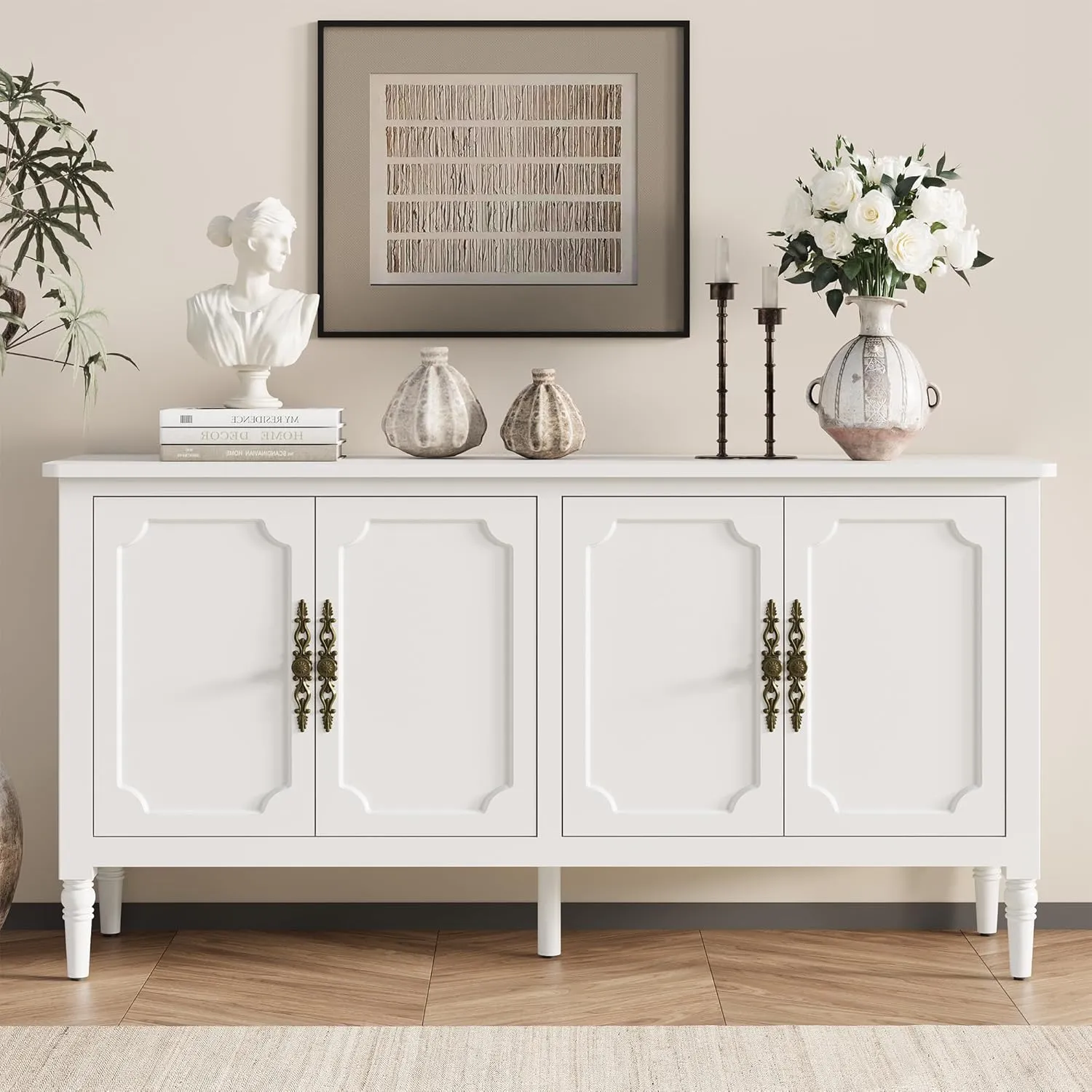 RoyalCraft Sideboard Buffet Cabinet with Storage: 58'' Mid Century Modern Credenza with Solid Wood Legs, Media Console Cabinet with 4 Doors for Entryway, Kitchen, Living Room, Satin White