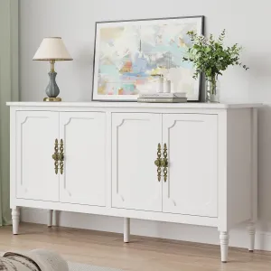 RoyalCraft Sideboard Buffet Cabinet with Storage: 58'' Mid Century Modern Credenza with Solid Wood Legs, Media Console Cabinet with 4 Doors for Entryway, Kitchen, Living Room, Satin White