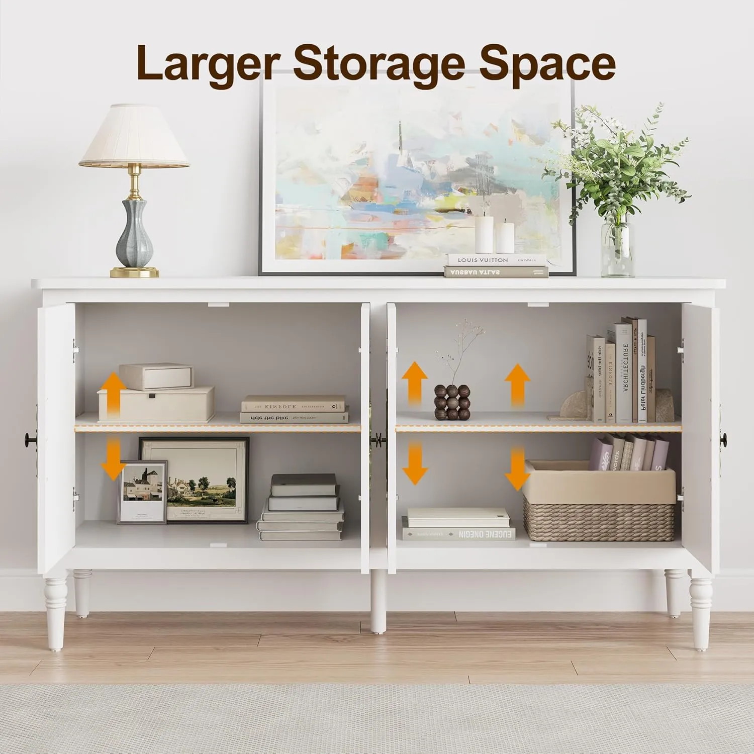 RoyalCraft Sideboard Buffet Cabinet with Storage: 58'' Mid Century Modern Credenza with Solid Wood Legs, Media Console Cabinet with 4 Doors for Entryway, Kitchen, Living Room, Satin White