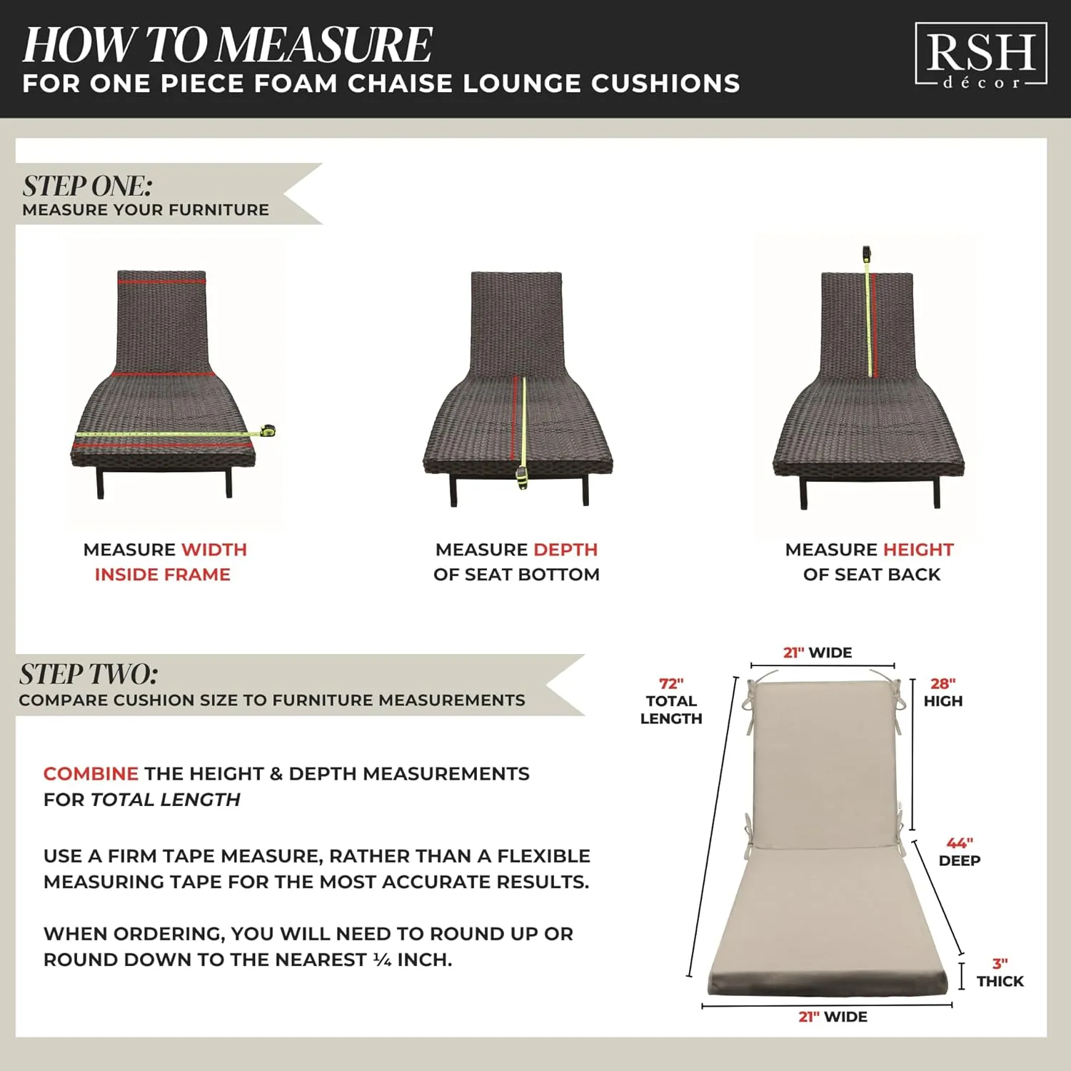 RSH DECOR: Sunbrella Foam Chaise Lounge Seat Cushion | 72” x 21” x 3” | Sunbrella Performance Fabric | Water and Fade-Resistant | Outdoor Chair Cushion for Patio Furniture | Canvas Canvas