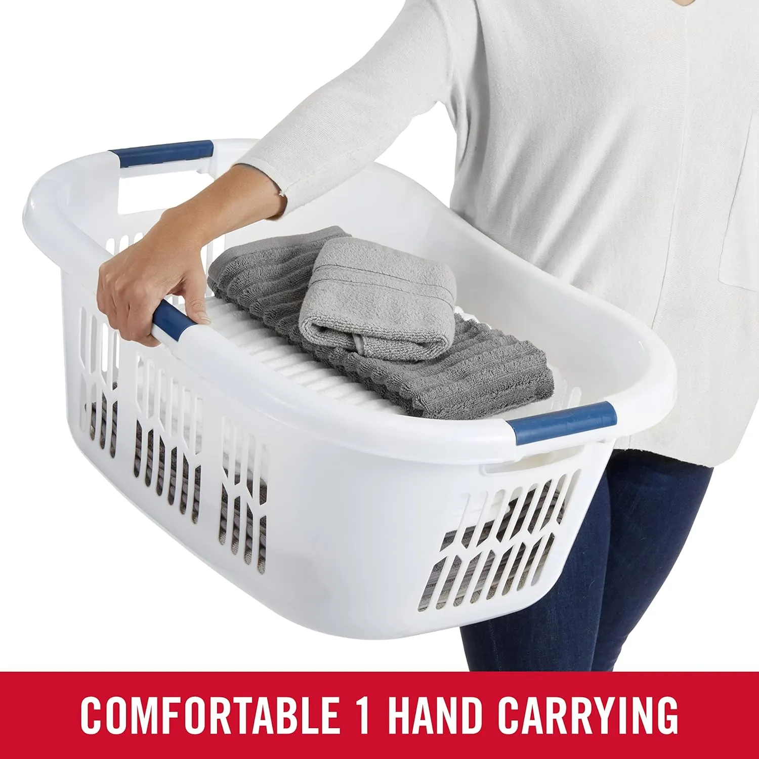 Rubbermaid Large Hip-Hugger Laundry Basket/Hamper, 1.5-Bushel, White, Stackable Storage Bin/Organizer for Bathroom/Bedroom/Dorm/Home