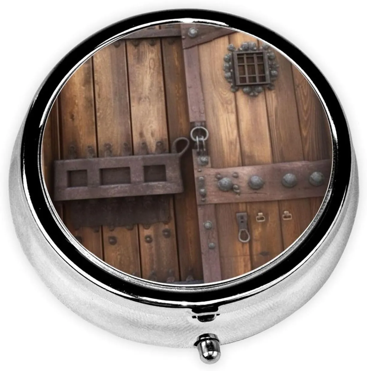 Rustic Stall Wooden Door Pill Box Round Pill Case for Pocket Purse 3 Compartment Medicine Pill Organizer Cute Portable Travel Pillbox Vitamin Cod Liver Oil Storage Box Unique Gift Organizer