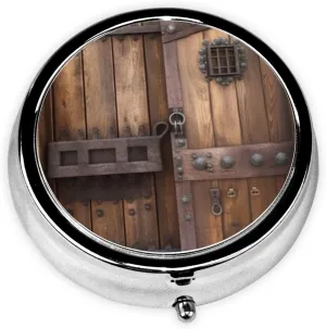 Rustic Stall Wooden Door Pill Box Round Pill Case for Pocket Purse 3 Compartment Medicine Pill Organizer Cute Portable Travel Pillbox Vitamin Cod Liver Oil Storage Box Unique Gift Organizer
