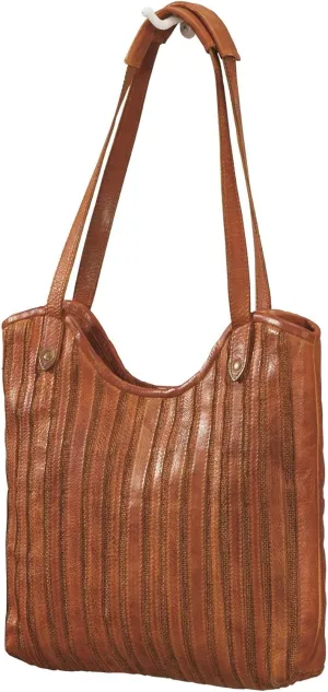 SAGEFINDS Genuine Leather and Textile Artisan Shoulder Bag, Women’s Purse with Magnetic Snap Closure, Cognac Brown Handbag with Multiple Pockets