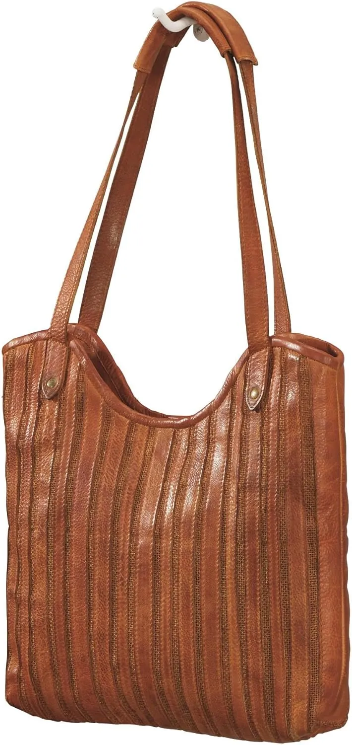 SAGEFINDS Genuine Leather and Textile Artisan Shoulder Bag, Women’s Purse with Magnetic Snap Closure, Cognac Brown Handbag with Multiple Pockets
