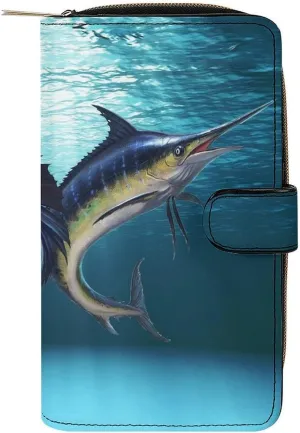 Sailfish and Marlin Purses for Women Zipper Leather Clutch Purse Travel Handbag Card Case Wallet