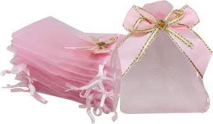 Sanrich 50pcs Sheer Organza Bags 3.9x4.7 Inches Jewelry Bags Candy Rose Drawstring Pouches Wedding Favor Gift Bags Business Display Sachets (Pink)