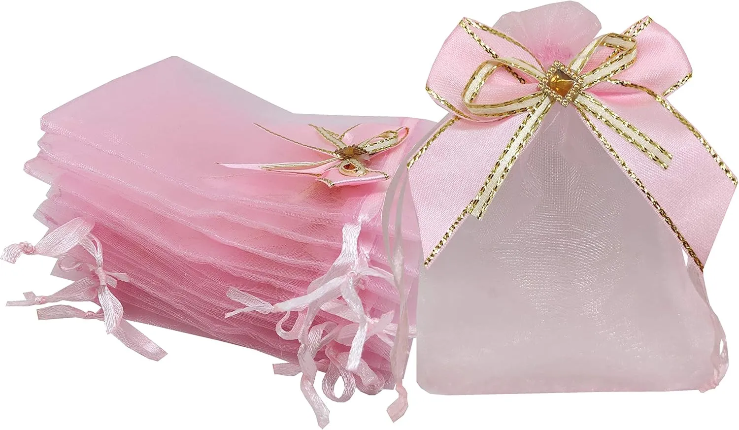 Sanrich 50pcs Sheer Organza Bags 3.9x4.7 Inches Jewelry Bags Candy Rose Drawstring Pouches Wedding Favor Gift Bags Business Display Sachets (Pink)