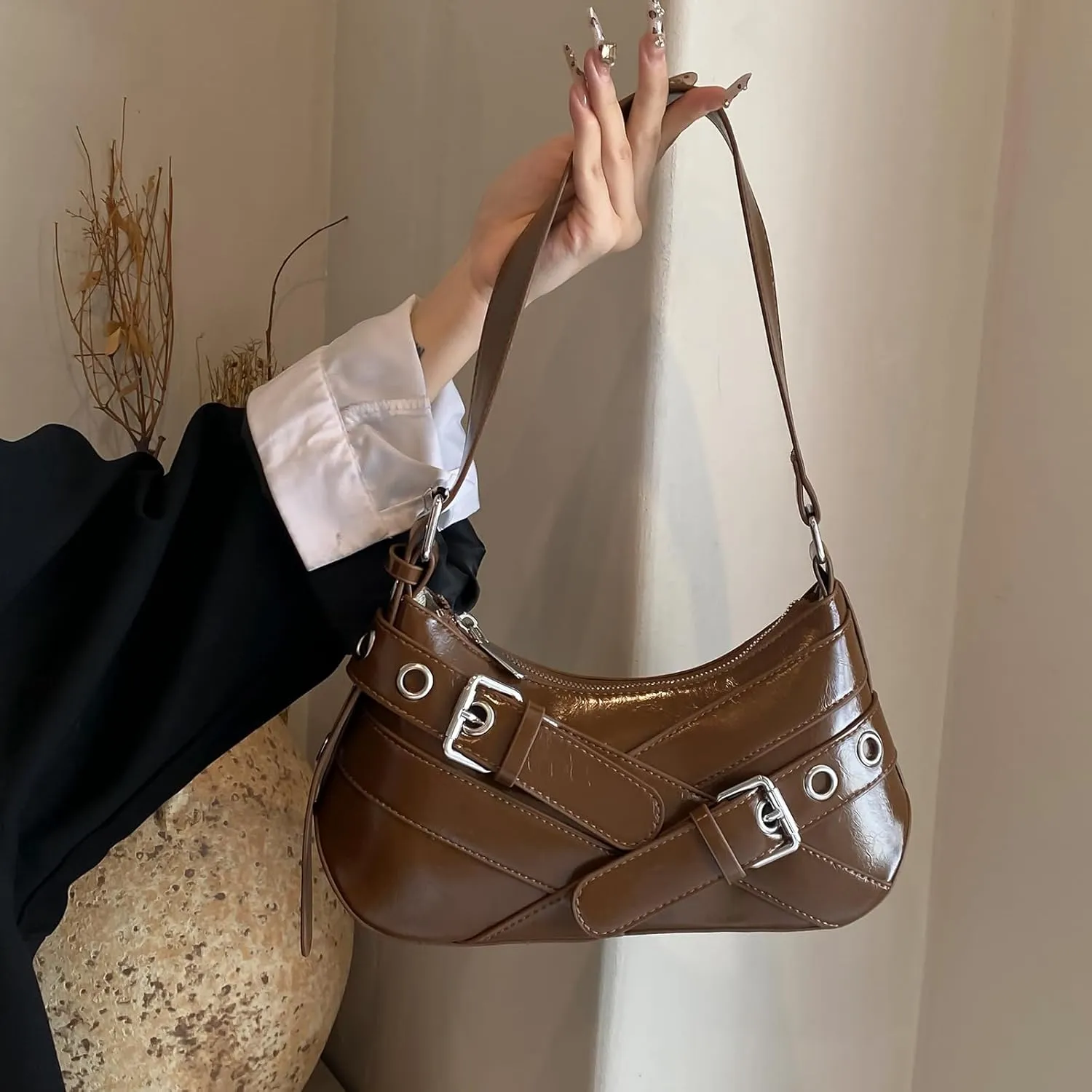 Sanxine Shoulder Bag for Women Y2k Small Purse Designer Punk Style Hobo Handbags Vegan Leather Trendy Crescent Bags