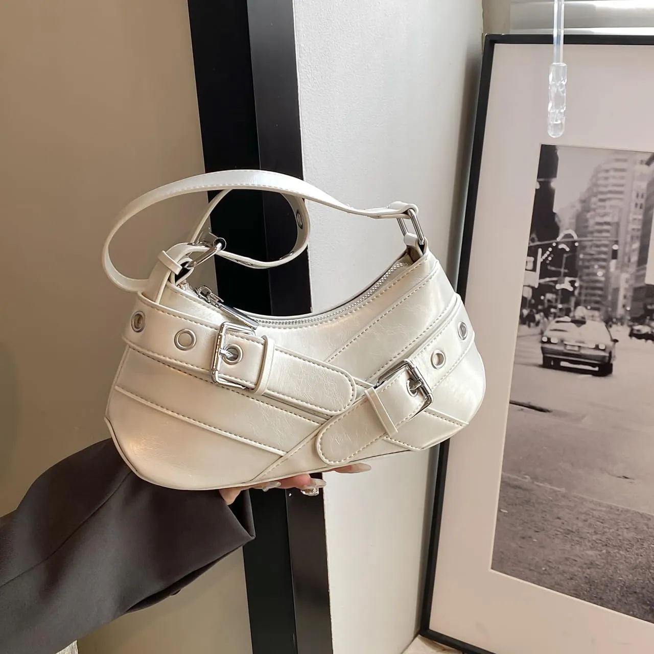 Sanxine Shoulder Bag for Women Y2k Small Purse Designer Punk Style Hobo Handbags Vegan Leather Trendy Crescent Bags