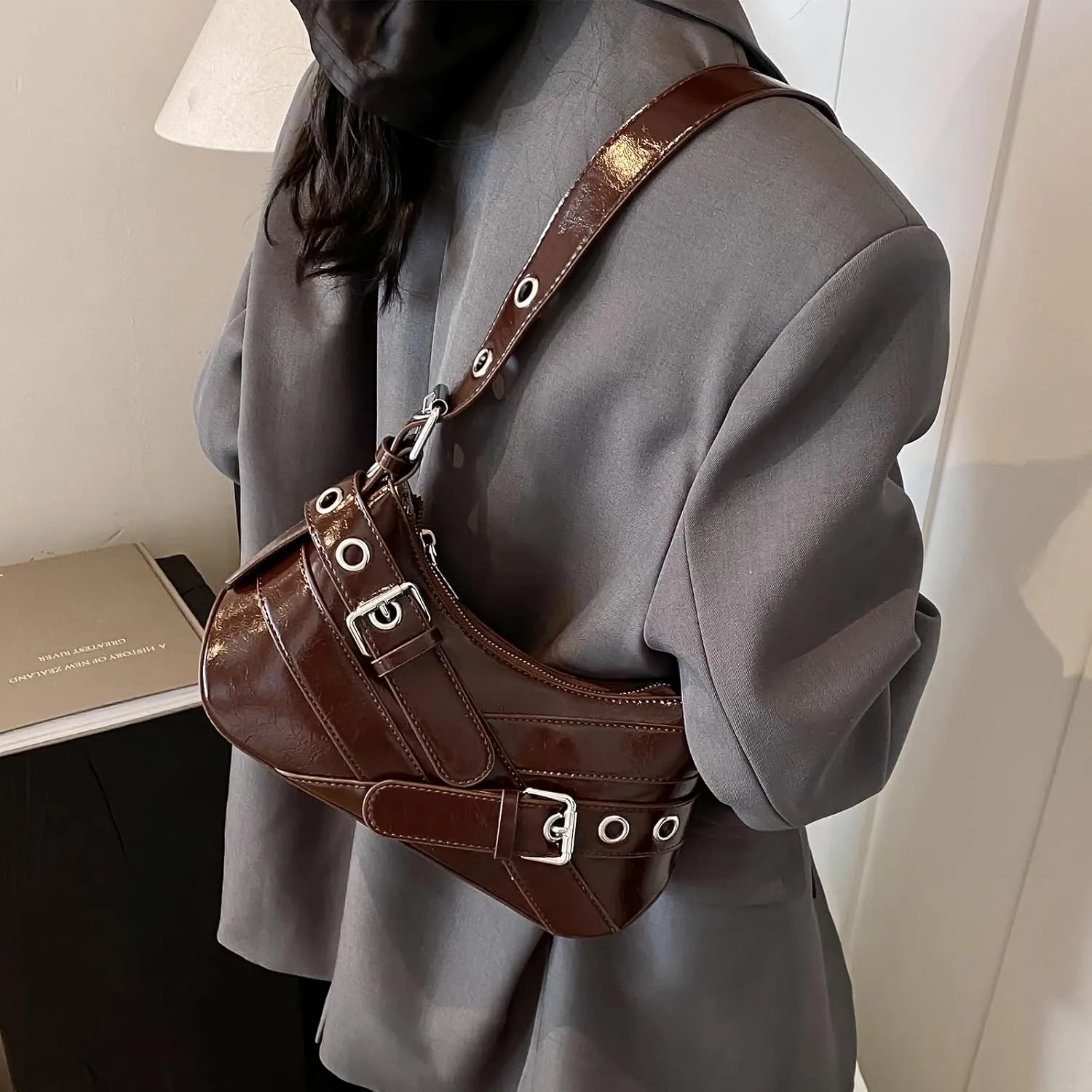 Sanxine Shoulder Bag for Women Y2k Small Purse Designer Punk Style Hobo Handbags Vegan Leather Trendy Crescent Bags