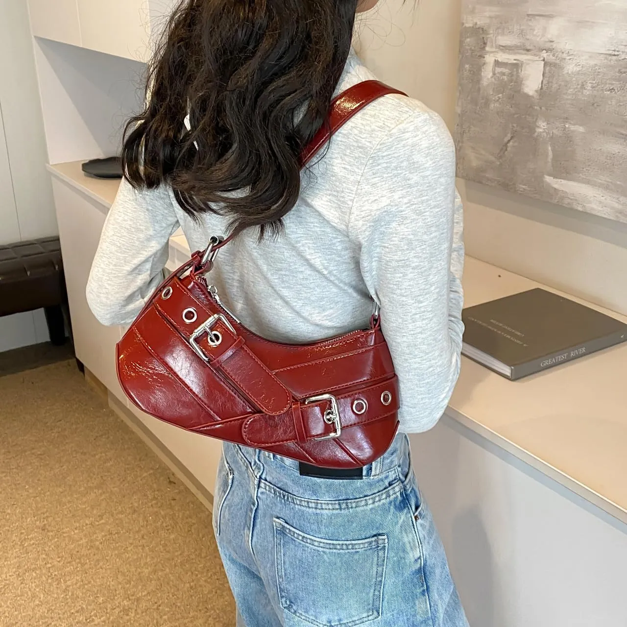 Sanxine Shoulder Bag for Women Y2k Small Purse Designer Punk Style Hobo Handbags Vegan Leather Trendy Crescent Bags
