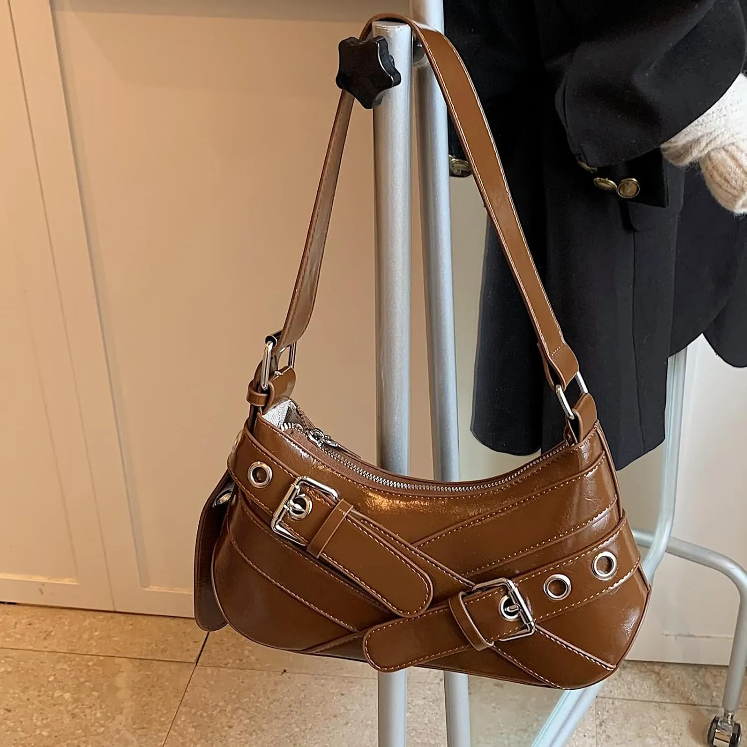 Sanxine Shoulder Bag for Women Y2k Small Purse Designer Punk Style Hobo Handbags Vegan Leather Trendy Crescent Bags