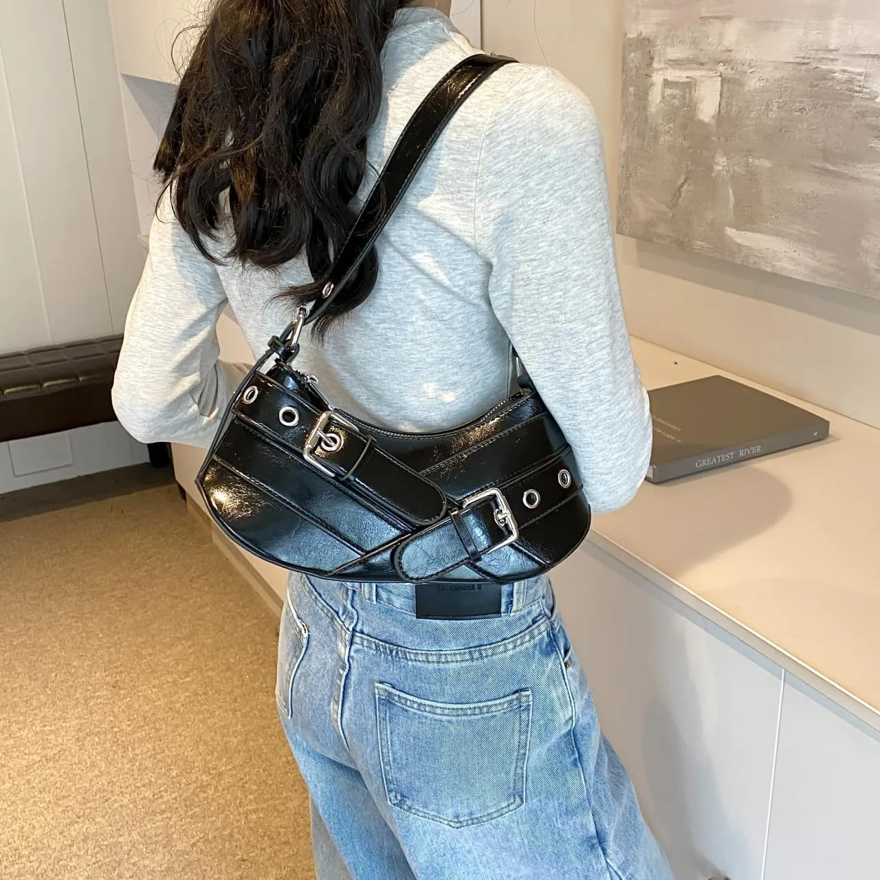 Sanxine Shoulder Bag for Women Y2k Small Purse Designer Punk Style Hobo Handbags Vegan Leather Trendy Crescent Bags