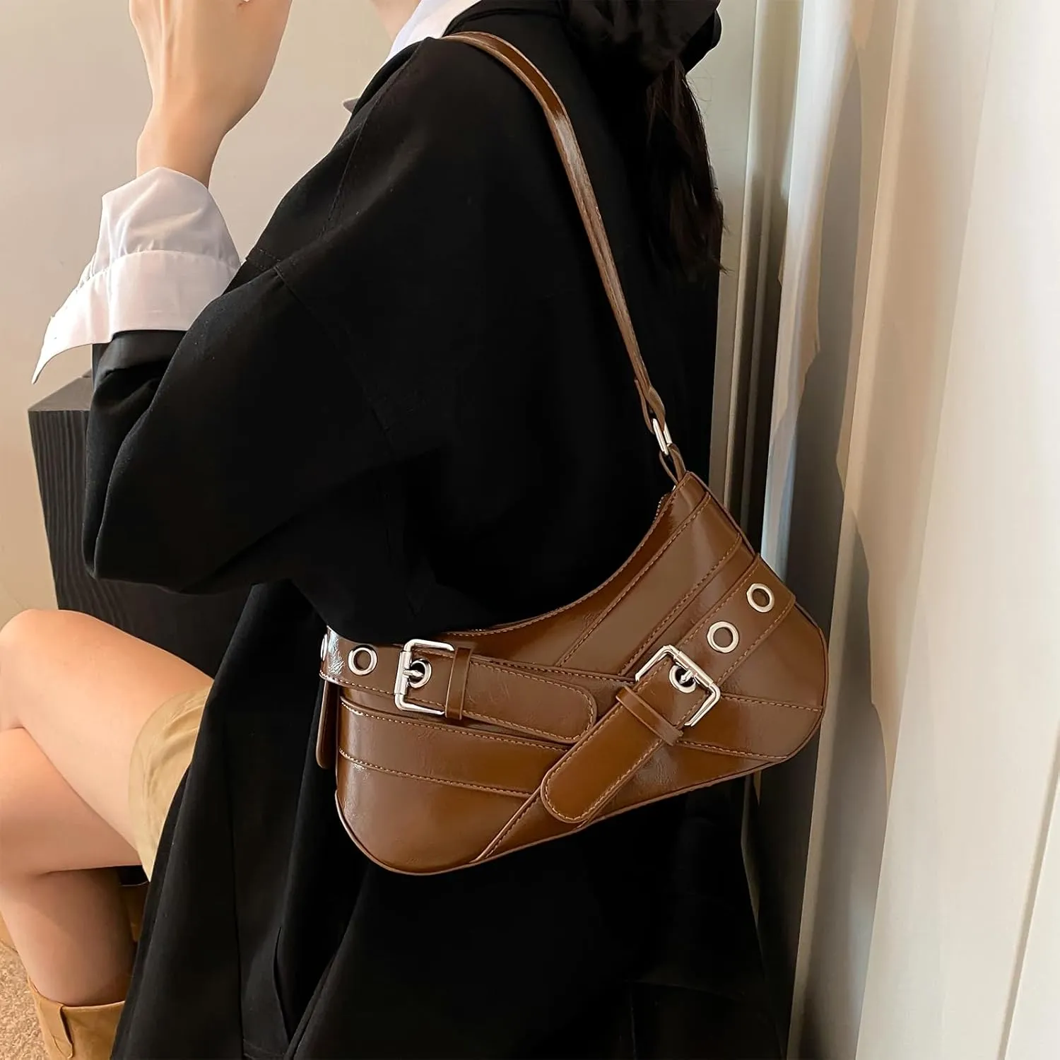 Sanxine Shoulder Bag for Women Y2k Small Purse Designer Punk Style Hobo Handbags Vegan Leather Trendy Crescent Bags