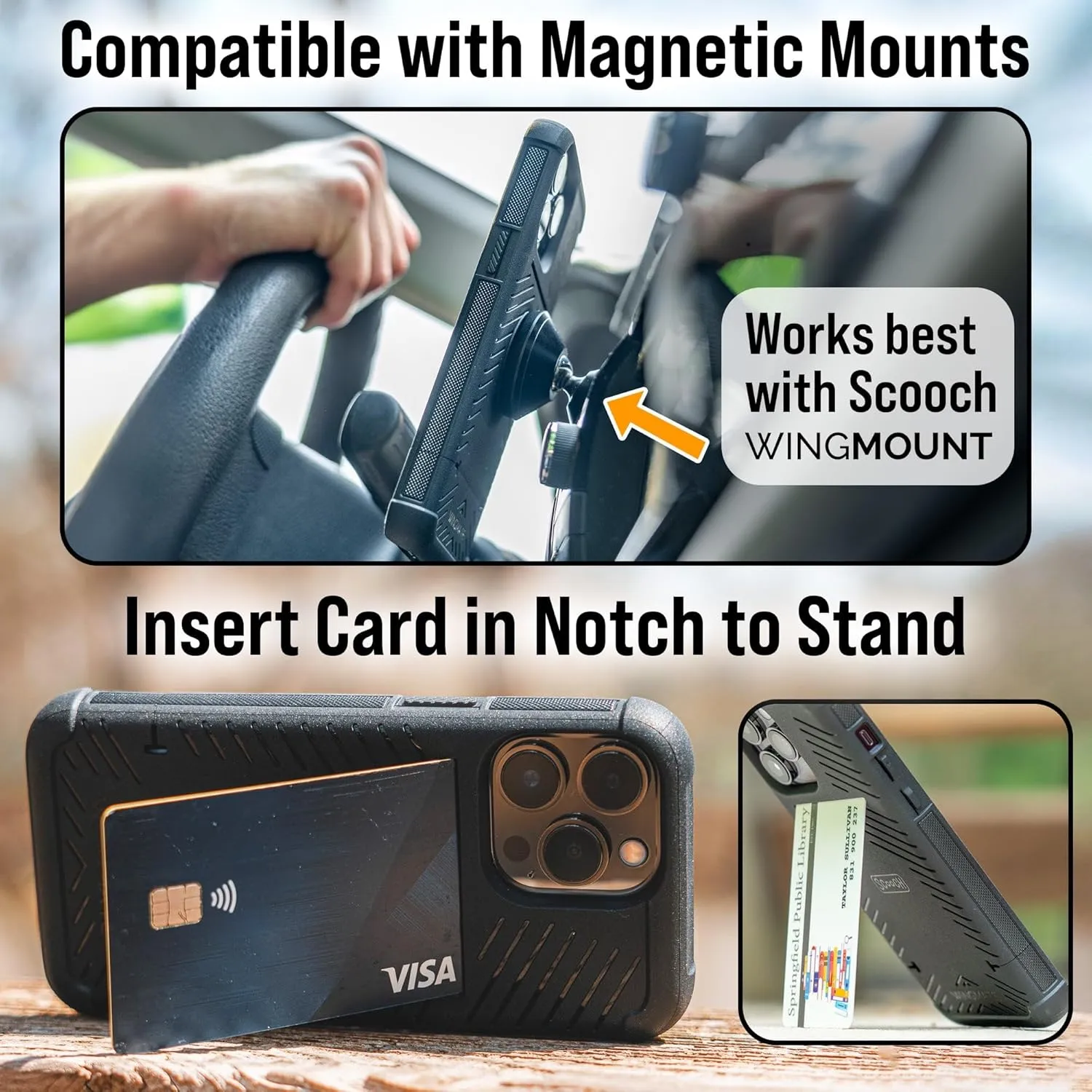 Scooch® for iPhone 14 Pro Case with Card Holder, Wingmate Wallet Case with Hidden Card Slot and RFID Protection for up to 4 Cards, 10-Foot Drop Protection, Black