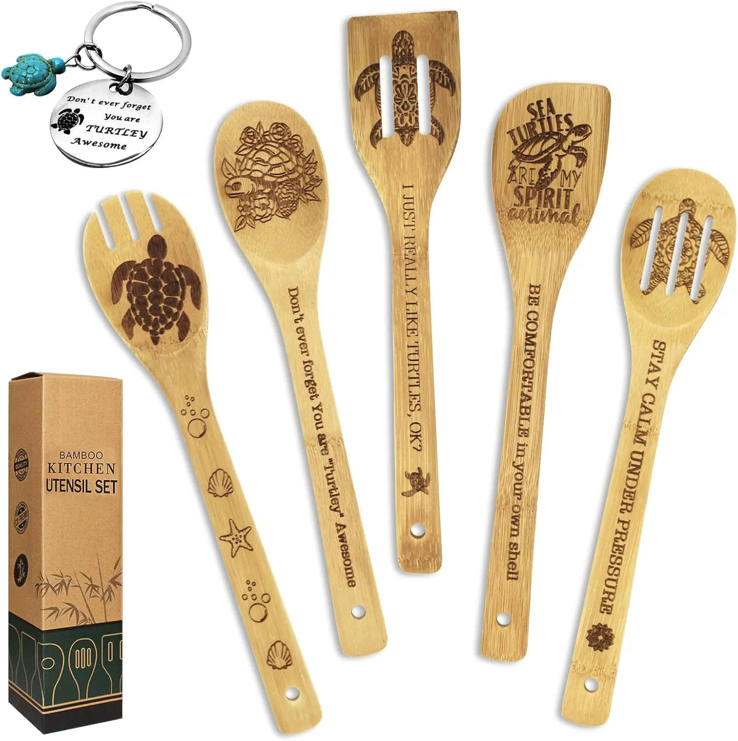 Sea Turtle Gifts for Women - 6PCS Unique Print Bamboo Spoons Set With Keychain - Kitchen Decor for Mom