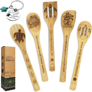 Sea Turtle Gifts for Women - 6PCS Unique Print Bamboo Spoons Set With Keychain - Kitchen Decor for Mom