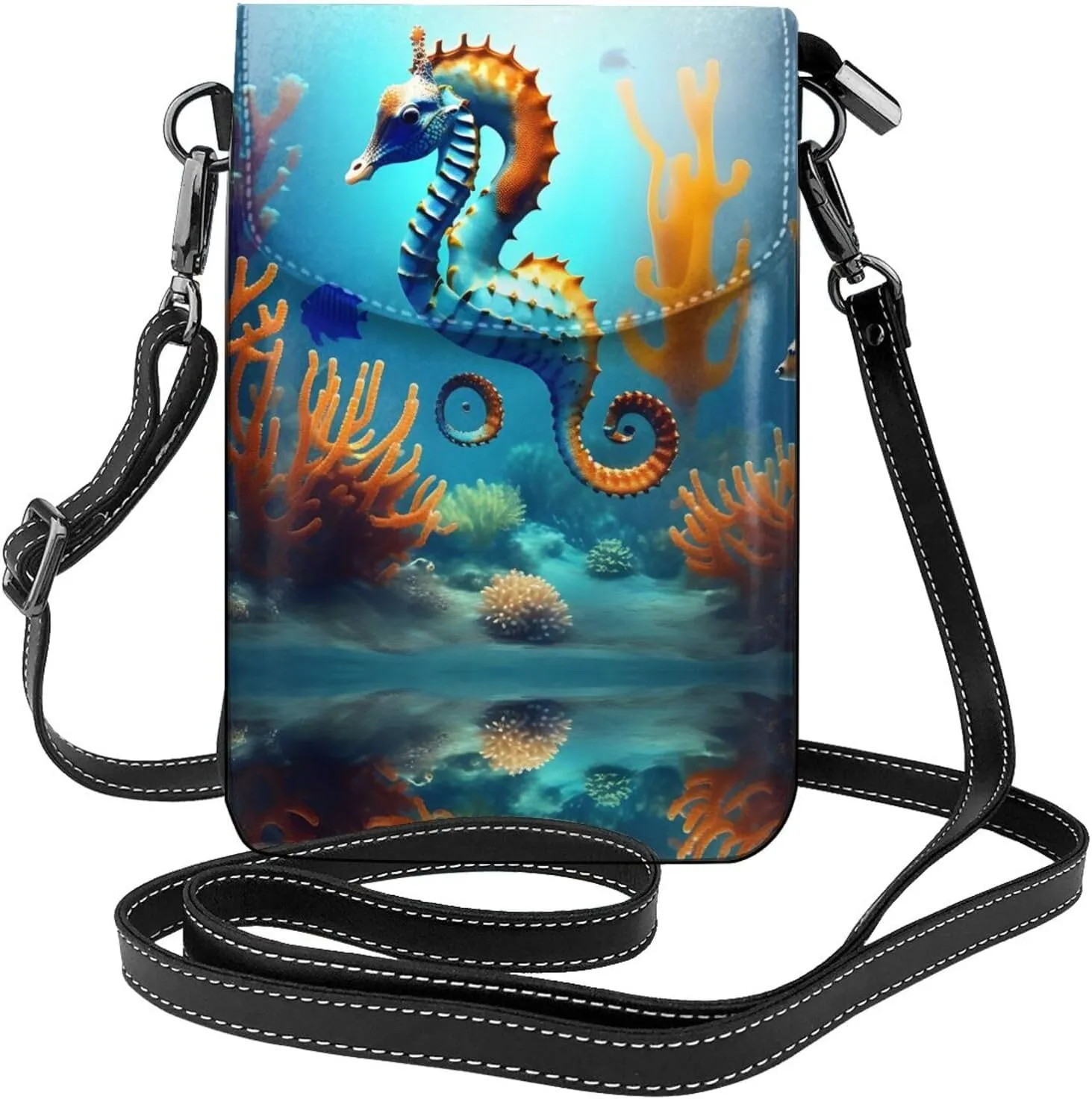 Seabed coral seahorse Lightweight leather crossbody phone bag, women's shoulder bag cell phone wallet, travel bag with credit card slots,