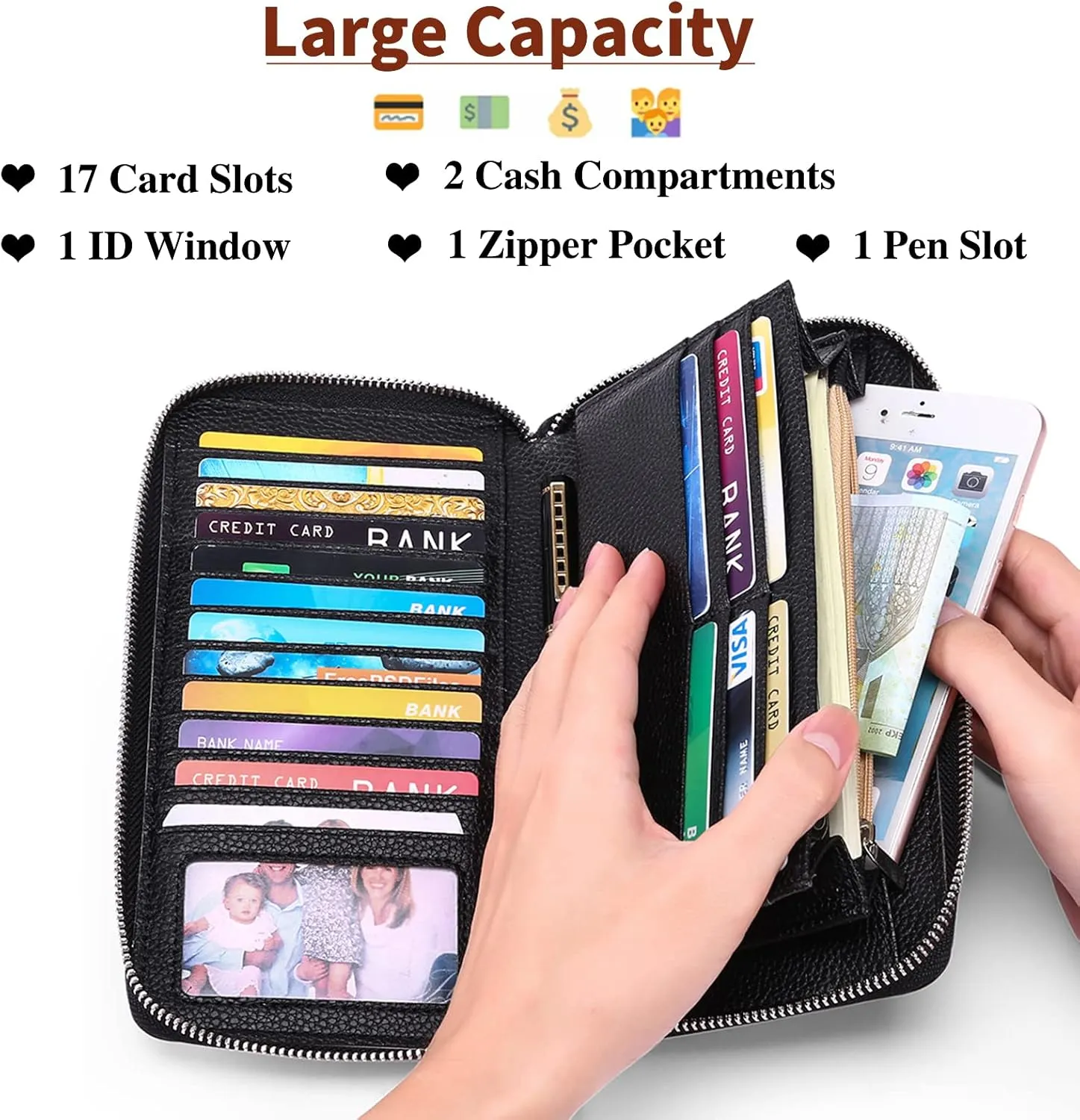 SENDEFN Leather Women's Wallets RFID Blocking Zip Around Large Capacity Long Credit Card Holder Wallet