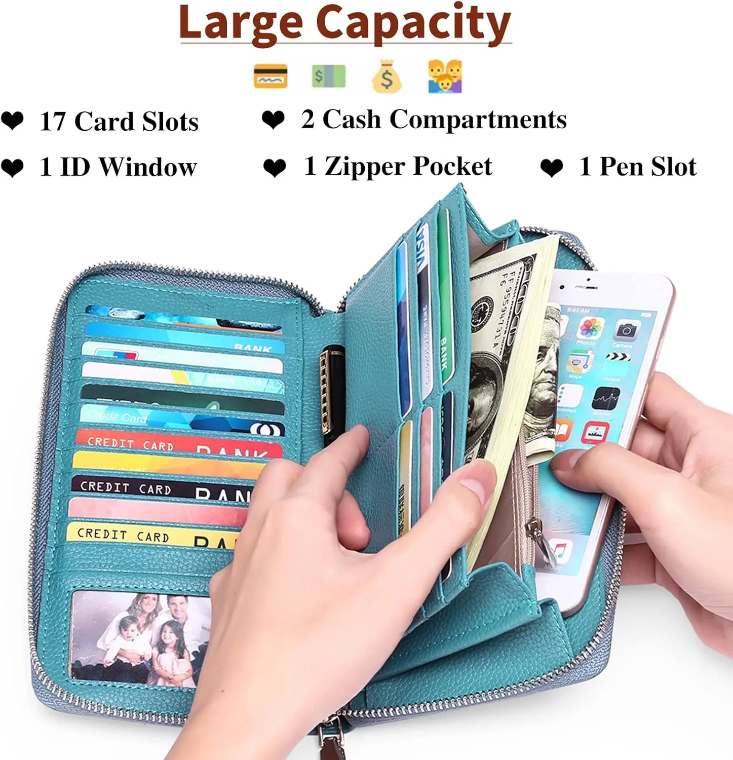 SENDEFN Leather Women's Wallets RFID Blocking Zip Around Large Capacity Long Credit Card Holder Wallet