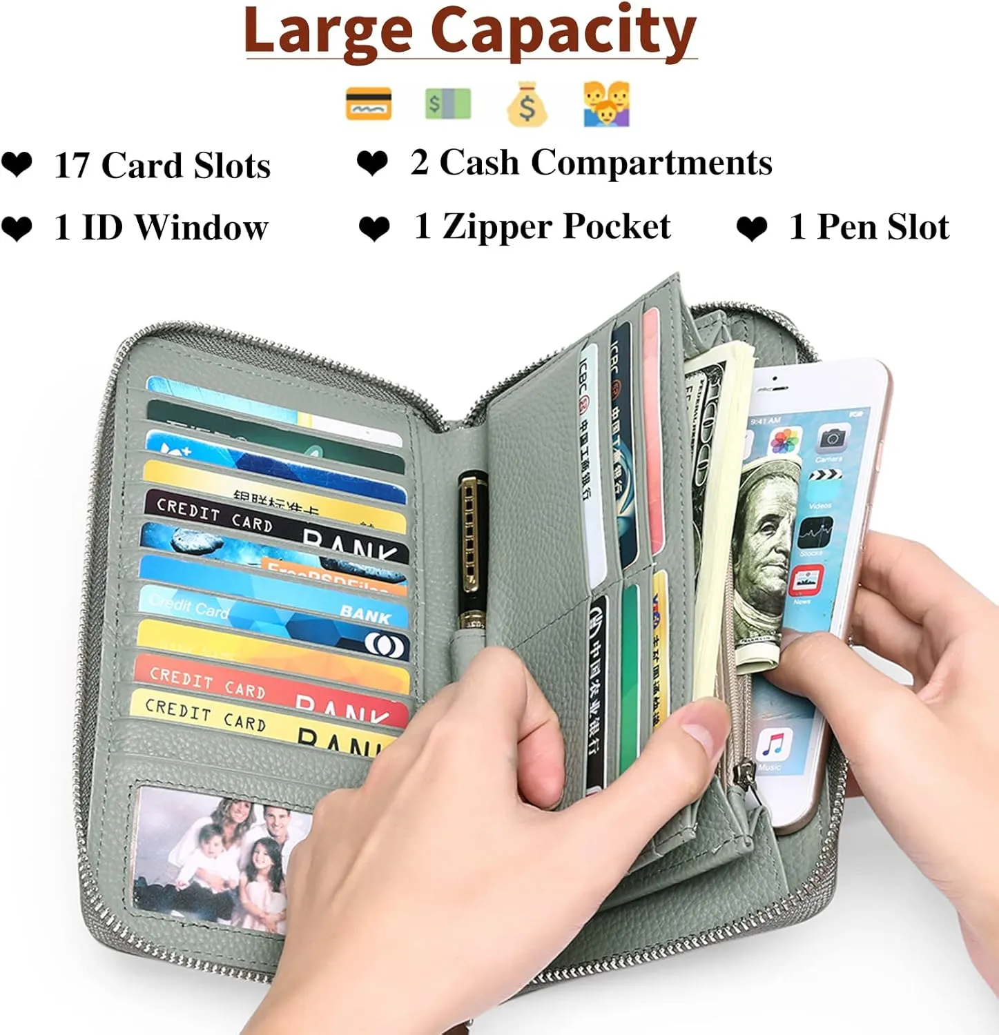 SENDEFN Leather Women's Wallets RFID Blocking Zip Around Large Capacity Long Credit Card Holder Wallet
