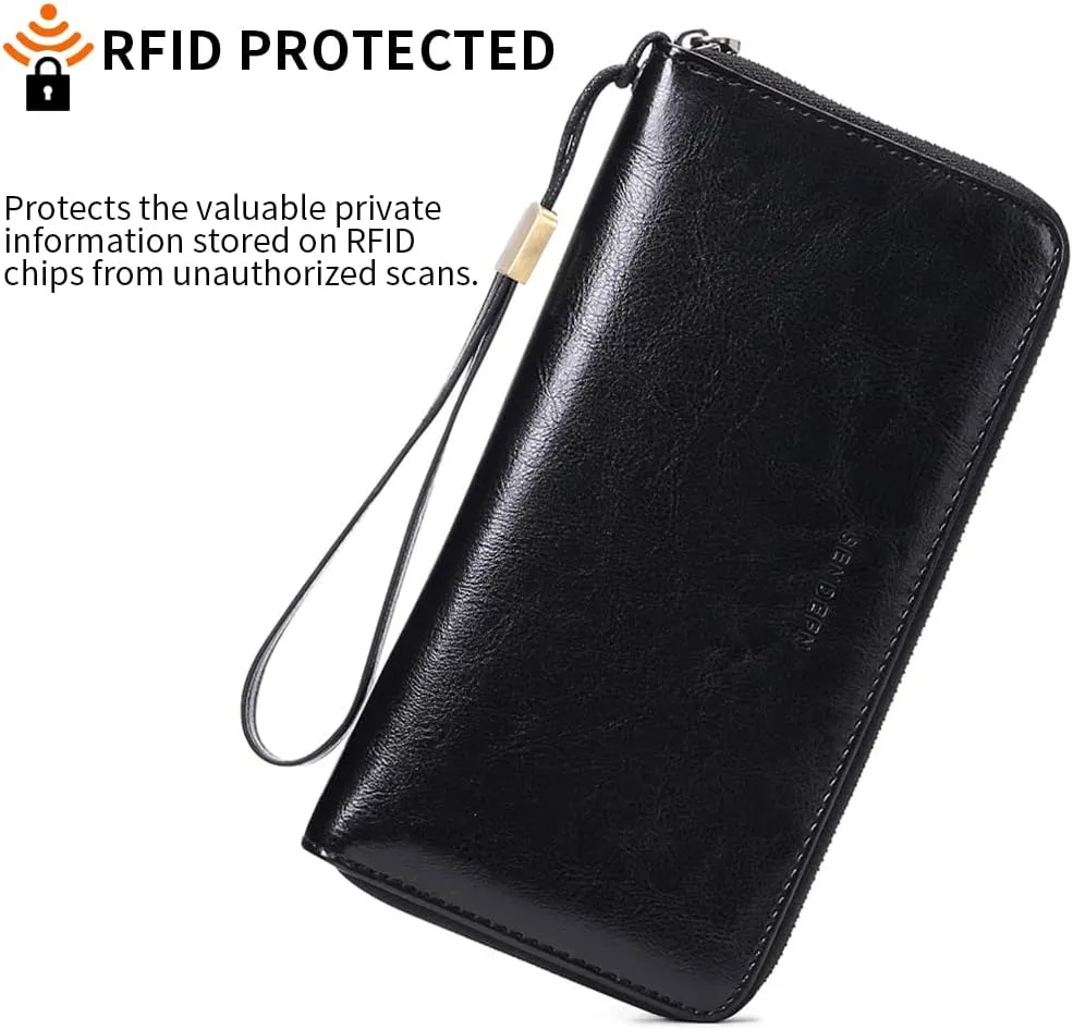 SENDEFN Leather Women's Wallets RFID Blocking Zip Around Large Capacity Long Credit Card Holder Wallet