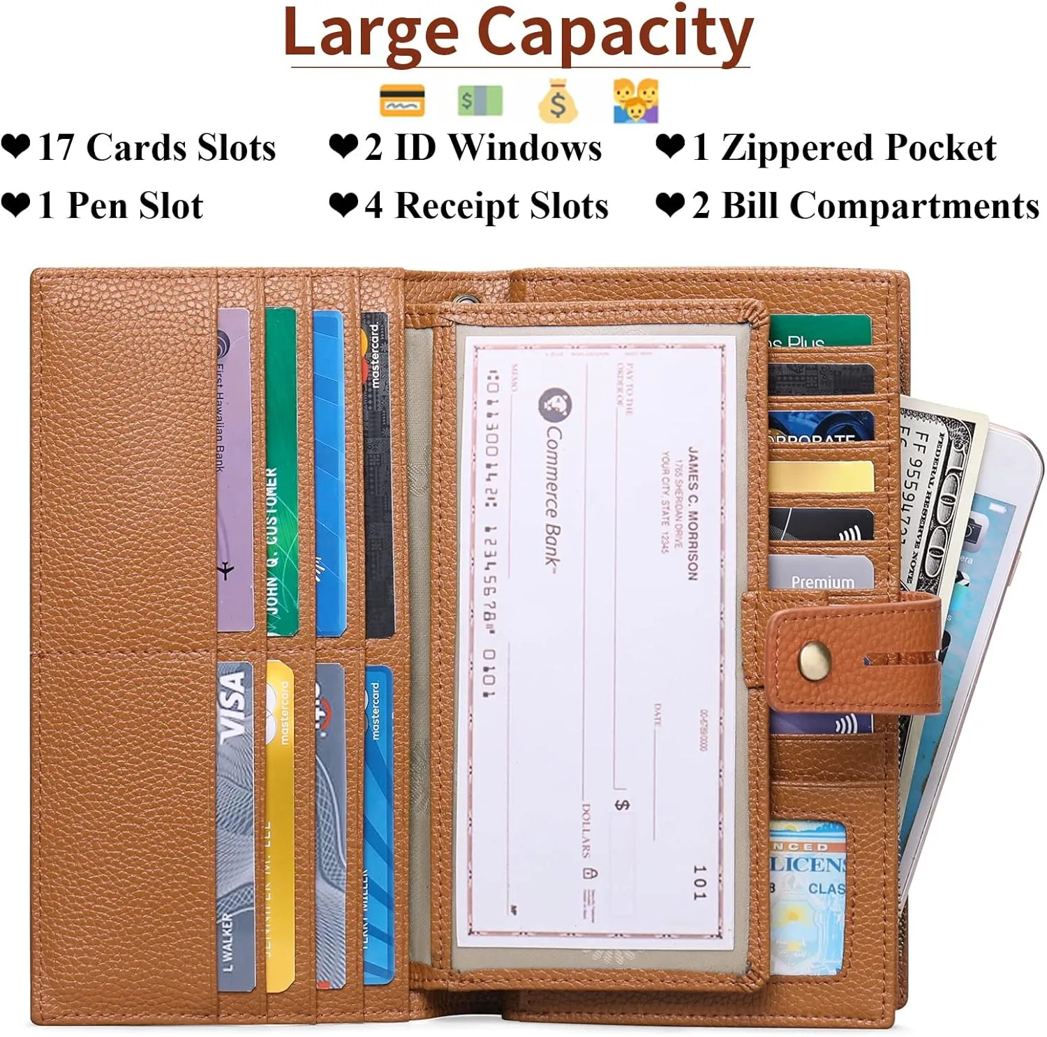 SENDEFN Women's Wallet Large Capacity RFID Blocking Leather Wallets Credit Cards Organizer with Checkbook Holder