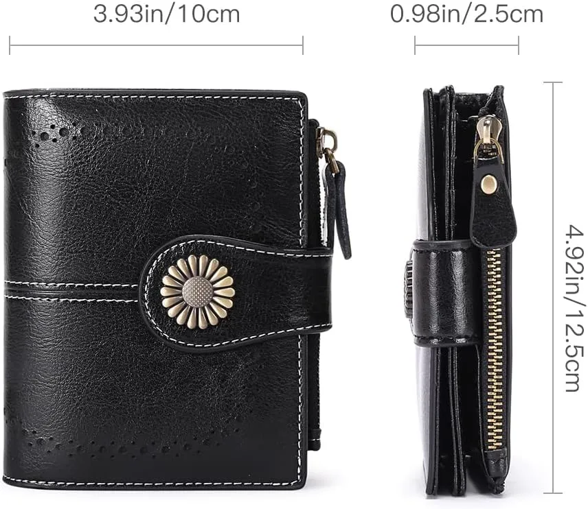 SENDEFN Womens Wallet Pouch Purse Genuine Leather Bifold ID Window RFID Protected with Gift Box (Black) 5215 5215