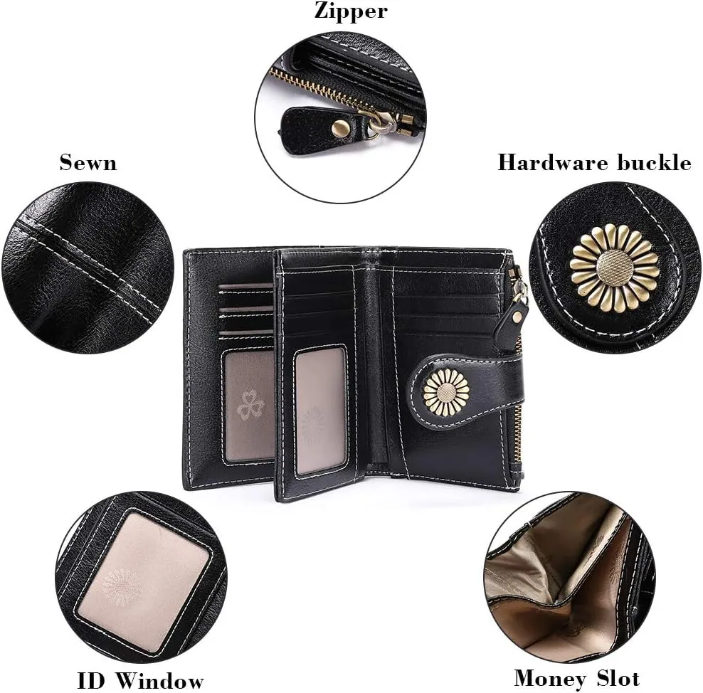 SENDEFN Womens Wallet Pouch Purse Genuine Leather Bifold ID Window RFID Protected with Gift Box (Black) 5215 5215